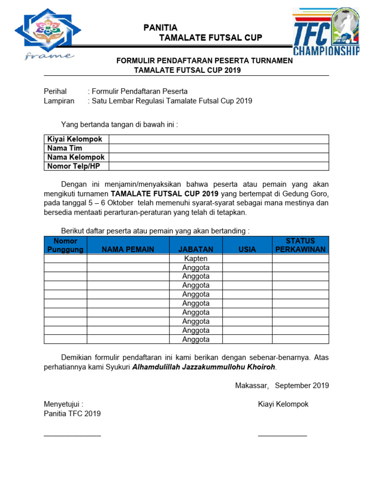 Formulir Pendaftaran Peserta Turnamen PDF