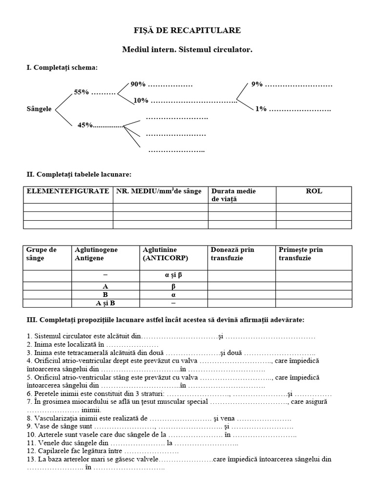 Fisa de Recapitulare-Mediul Intern - Sistemul Circulator | PDF
