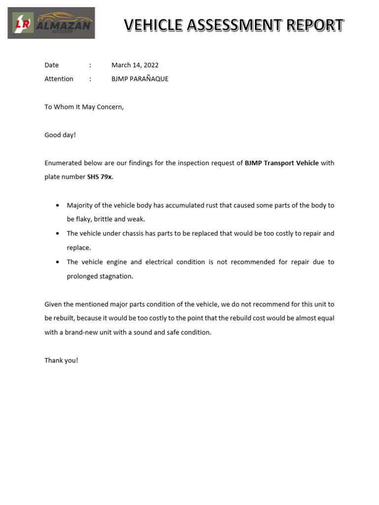 BJMP Vehicle Assessment Report | PDF | Business | Home & Garden