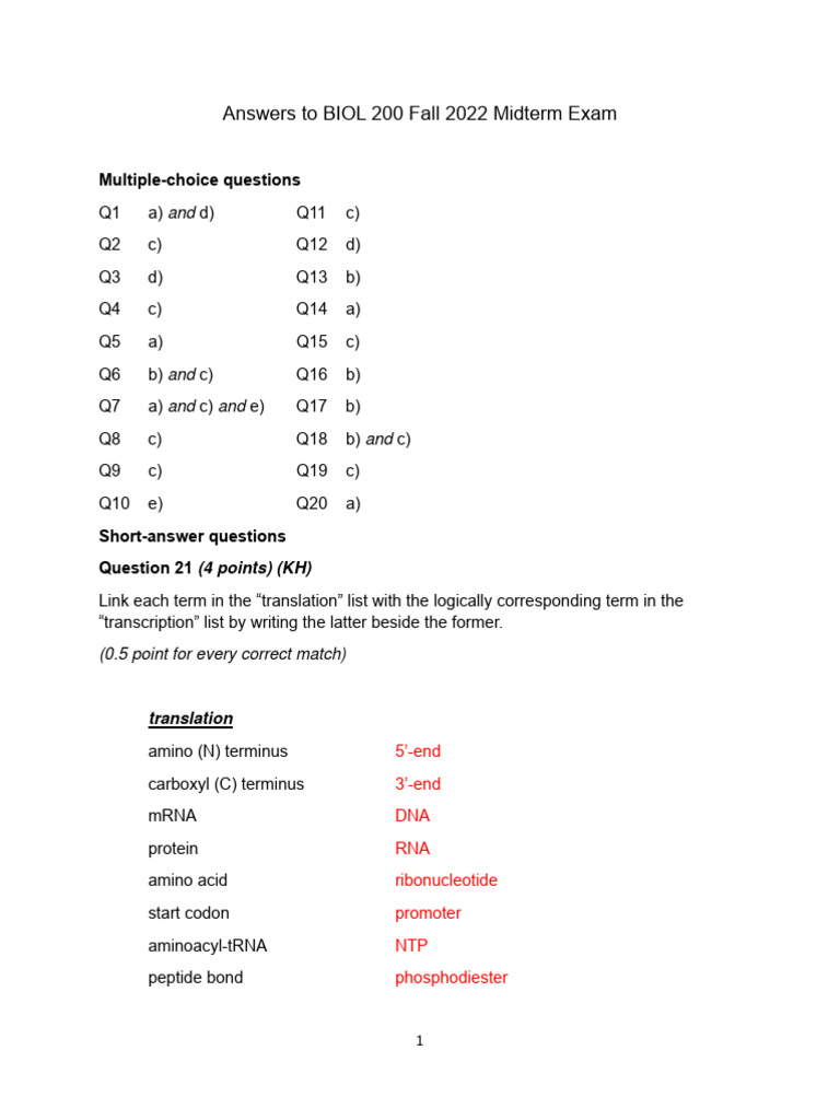 2022 BIOL 200 Midterm Exam Answers | PDF