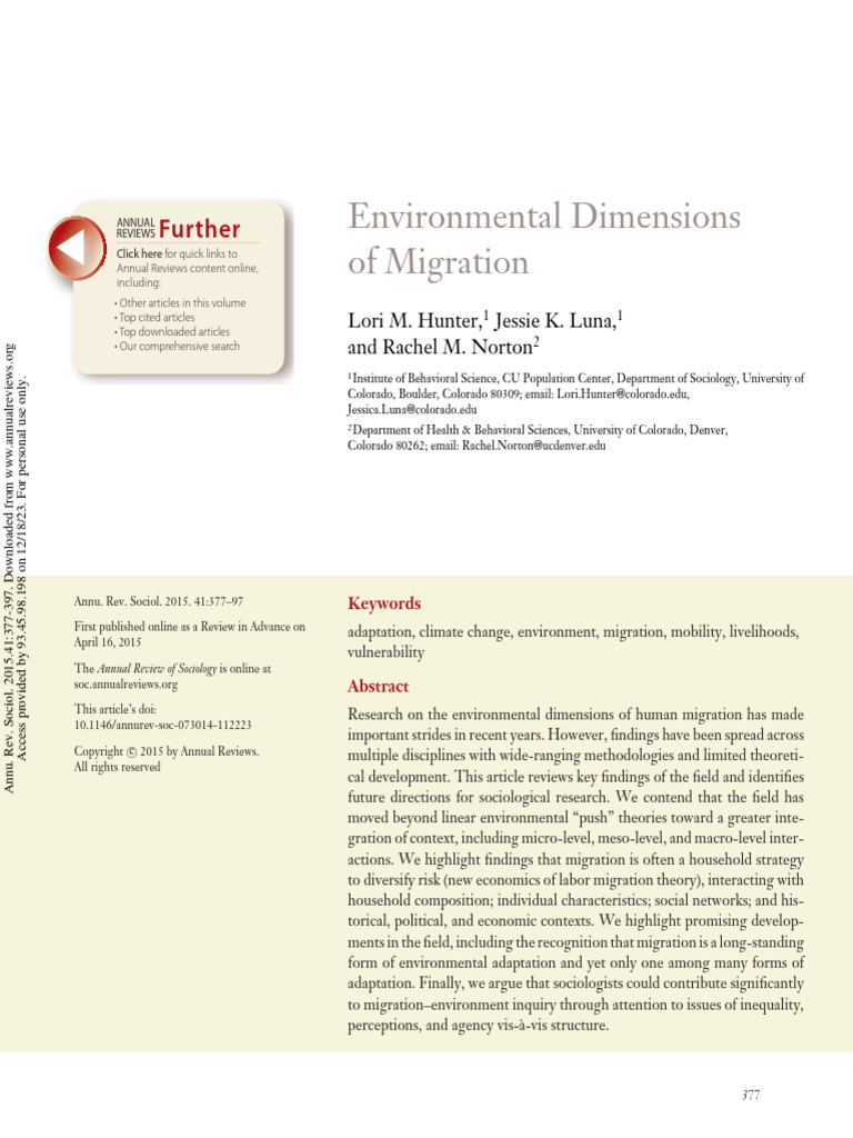Hunter Et Al 2015 Environmental Dimensions of Migration | PDF
