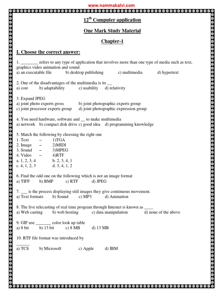 Namma kalvi 12th computer application one mark question bank em 221405