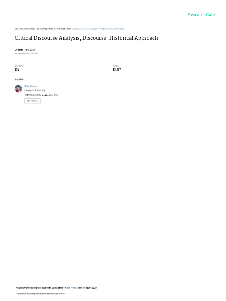 Critical Discourse Analysis Discourse Historical Approach Ruth Wodak