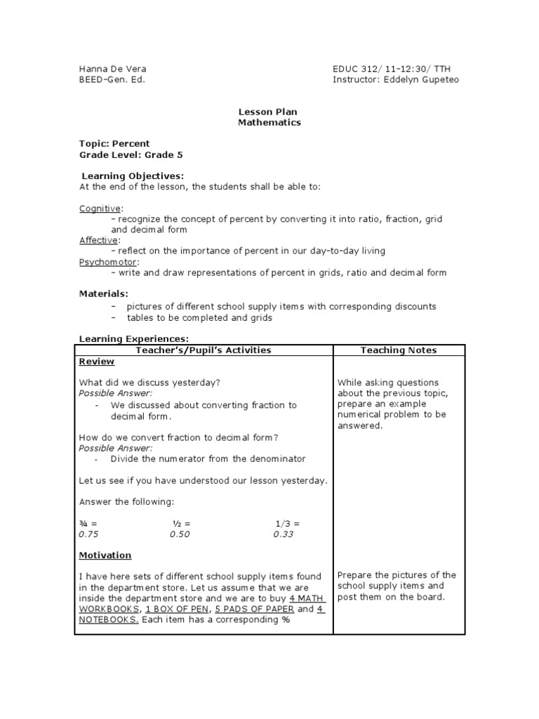 Grade 5 Percent Lesson Plan | PDF | Fraction (Mathematics) | Percentage
