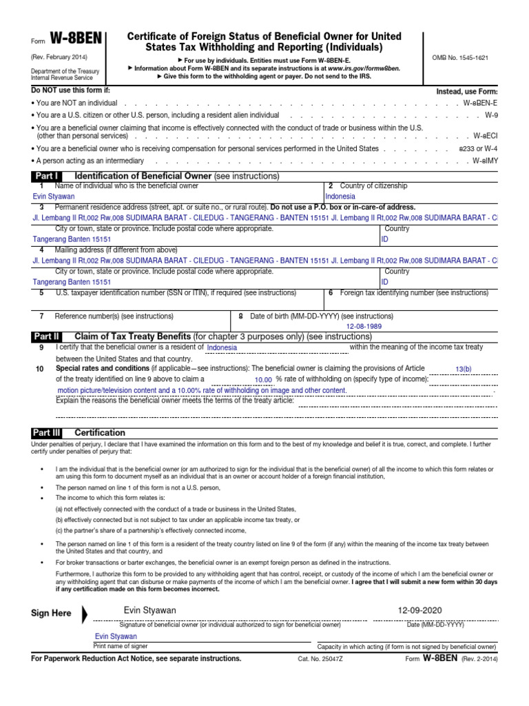 W8BEN Certificate of Foreign Status of Beneficial Owner For United