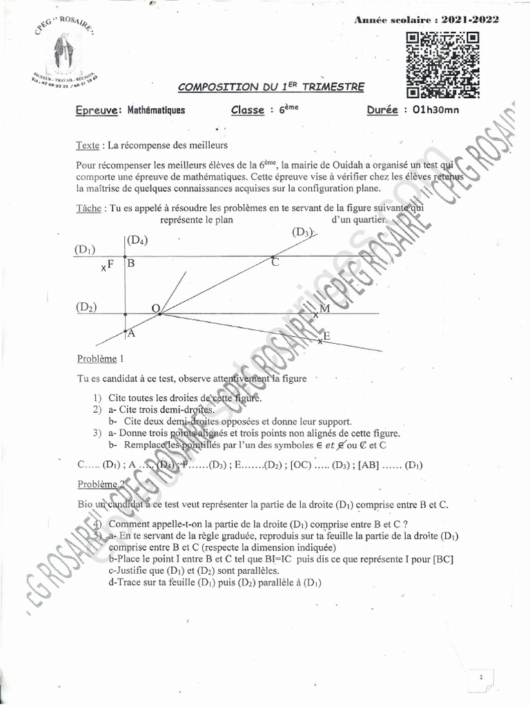 Composition Du 1er Trimestre Mathematiques 6ème 2021-2022 Cpeg Le ...
