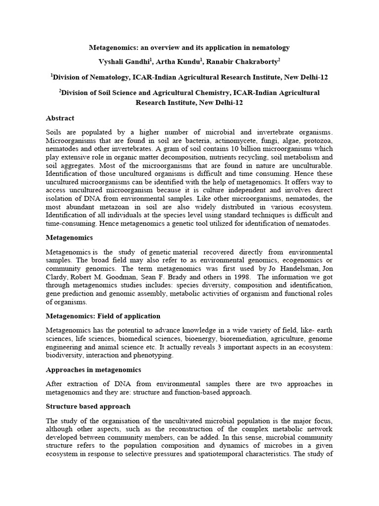 Metagenomics An Overview And Its Application In Nematology PDF Dna 