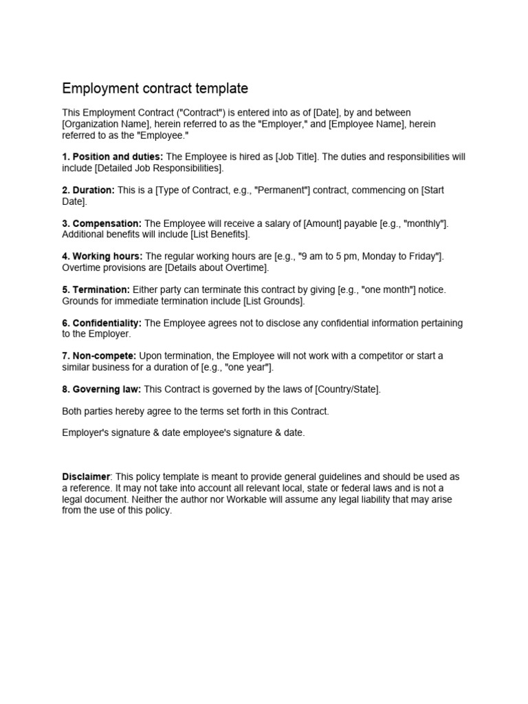 Employment contract policy template PDF