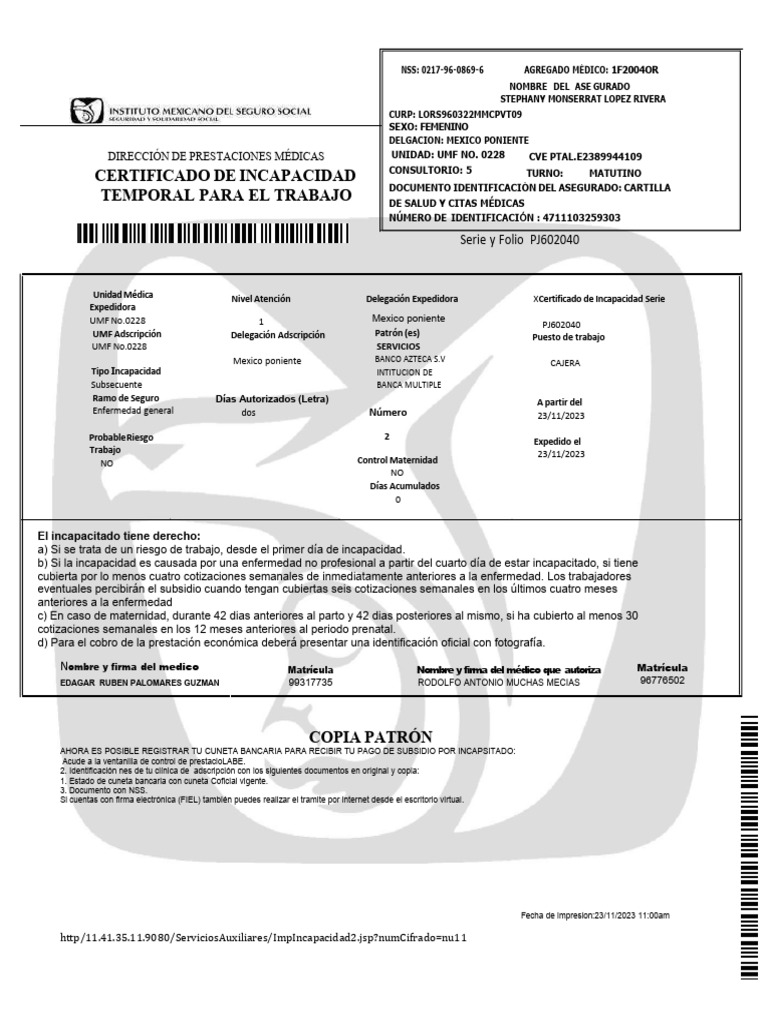 Certificado de Incapacidad Temporal 2023 | PDF