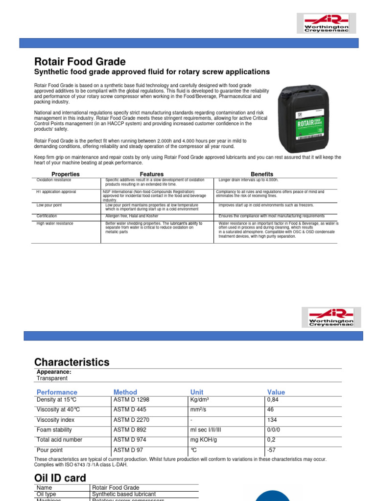 Rotair Food Grade Compressor Oil Overview | PDF | Lubricant ...