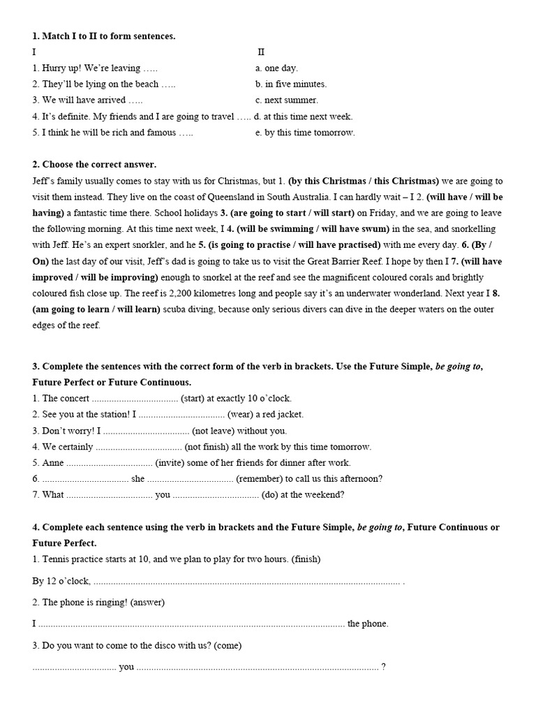 Future tenses handout PDF Snorkeling Underwater Diving