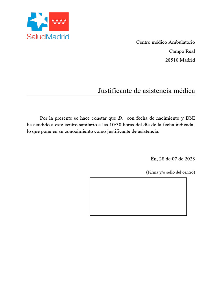 Justificante de Asistencia Médica Madrid | PDF