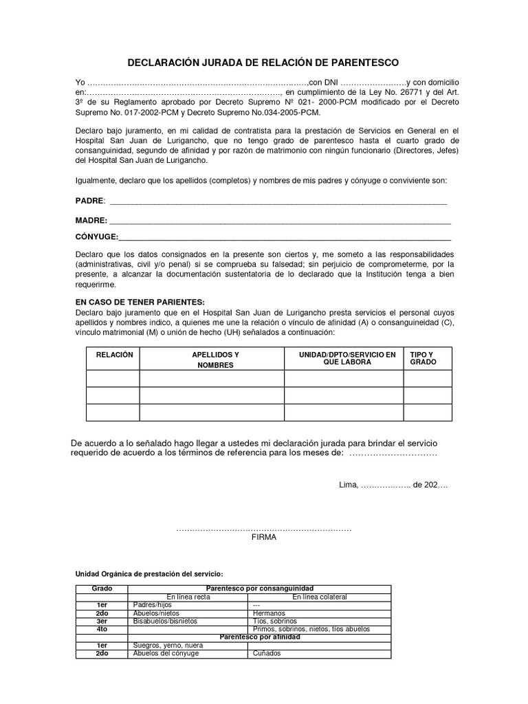 Declaracion Jurada - Parentesco | Descargar gratis PDF | Parentesco ...