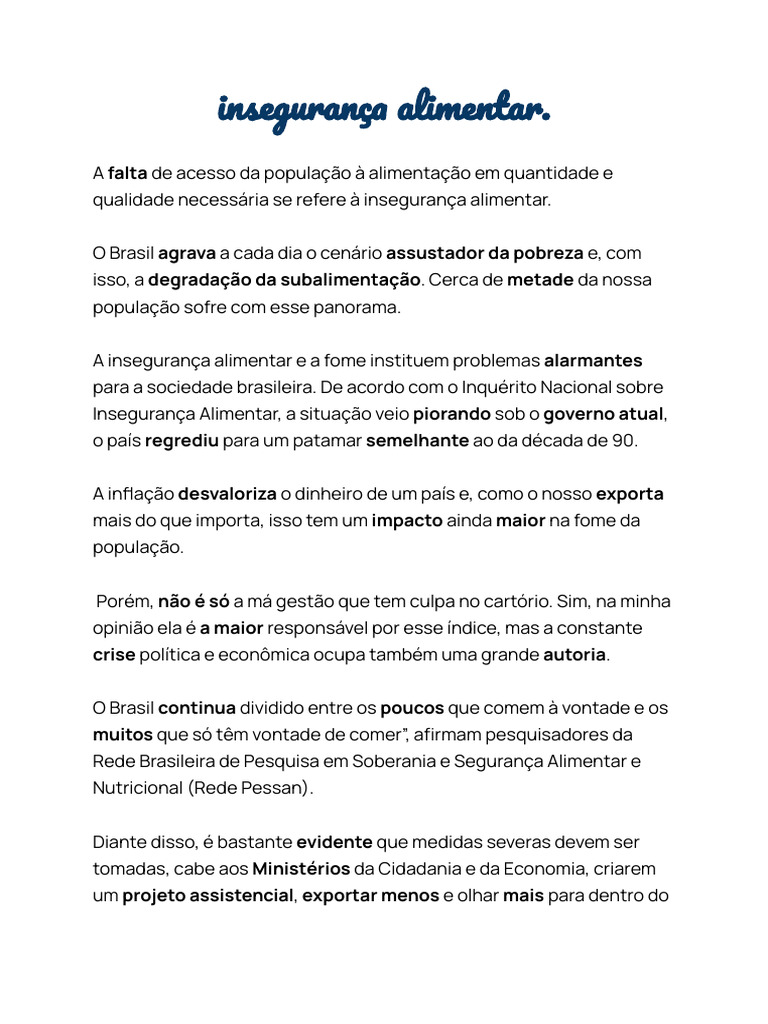 Redação sobre Insegurança Alimentar no Brasil | PDF
