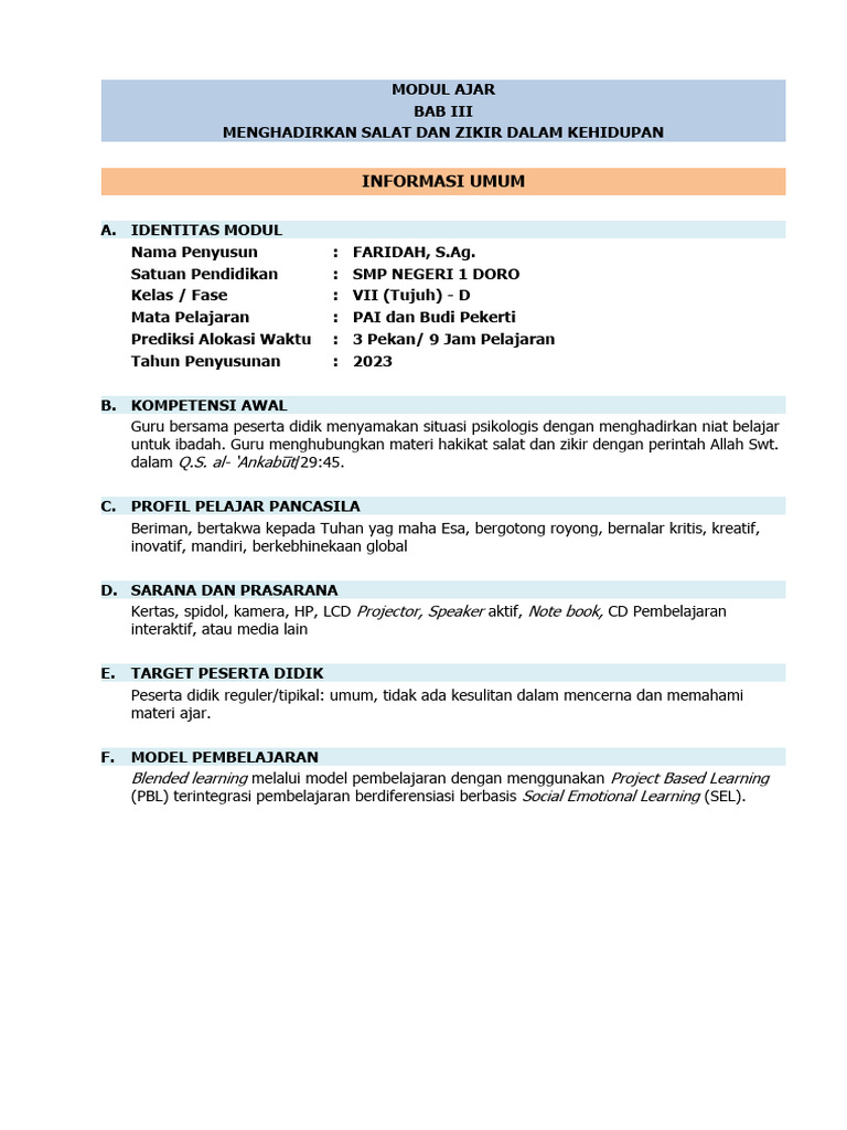Modul Ajar Kelas 7 PAI - Bab 3 | PDF | Karier & Perkembangan | Seni