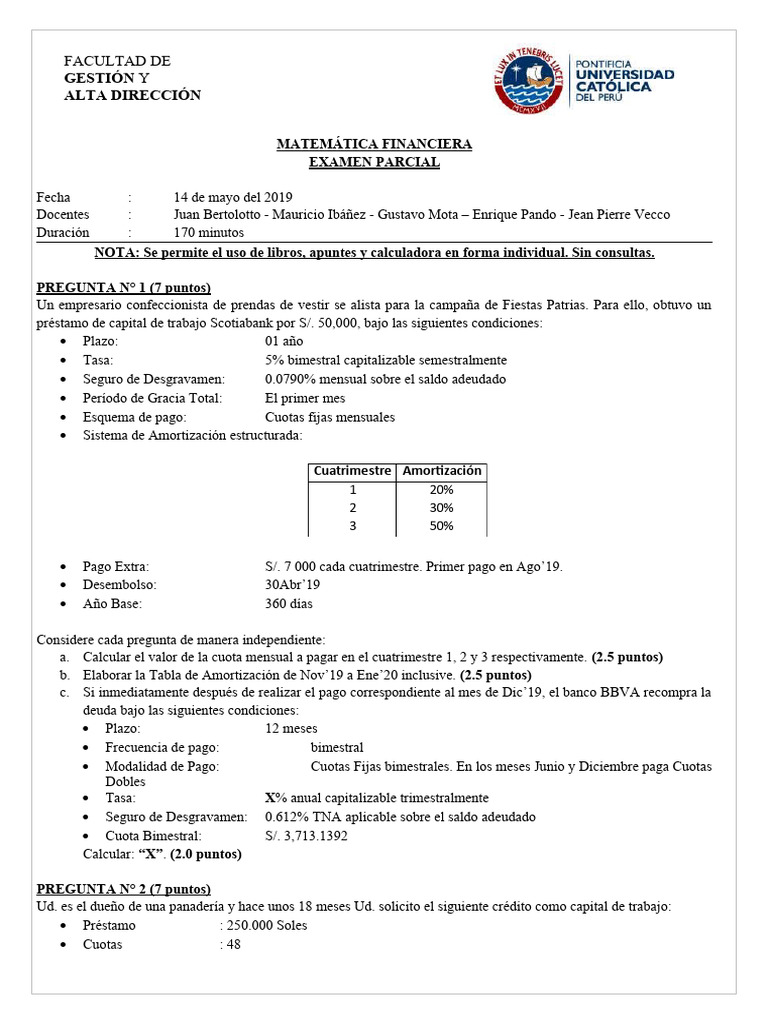 Examen Parcial de Matemática Financiera | PDF | Bancos | Crédito
