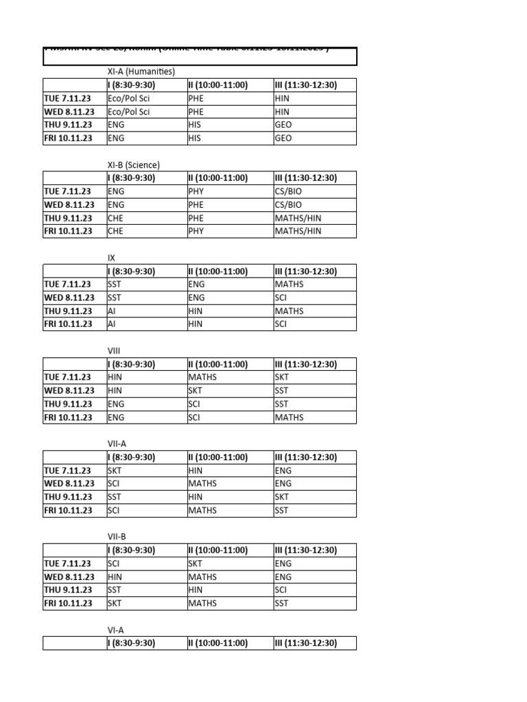 Online time table pdf