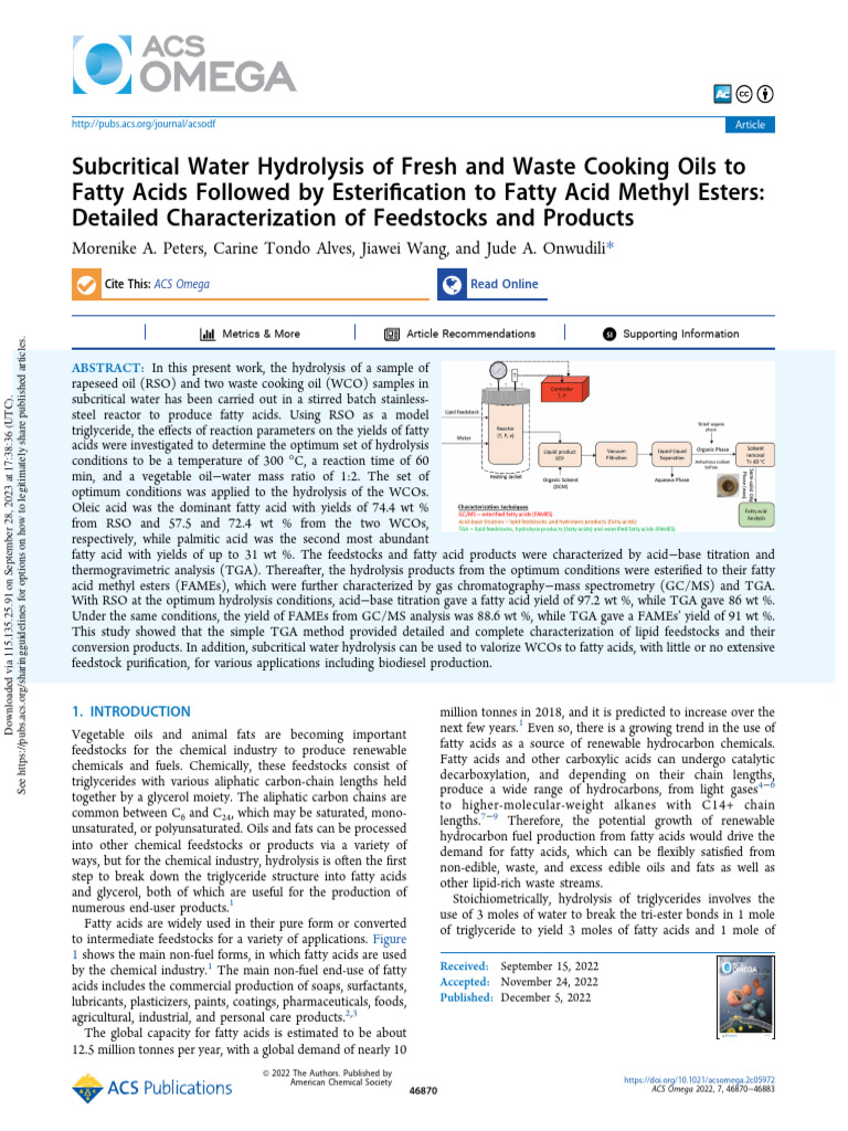 Subcritical Water Hydrolysis of Fresh and Waste Cooking Oils To Fatty
