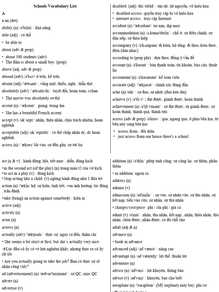 Schools Vocabulary List PET PDF
