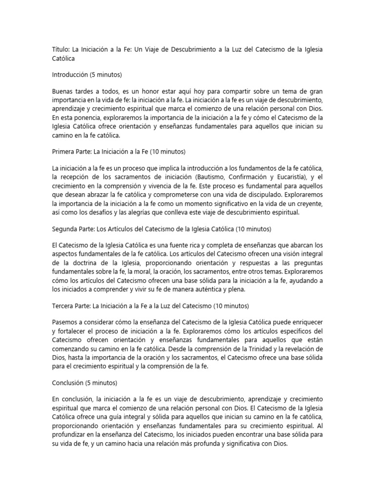 Iniciación A La Fe y La Enseñanza Del Catecismo de La Iglesia Católica ...