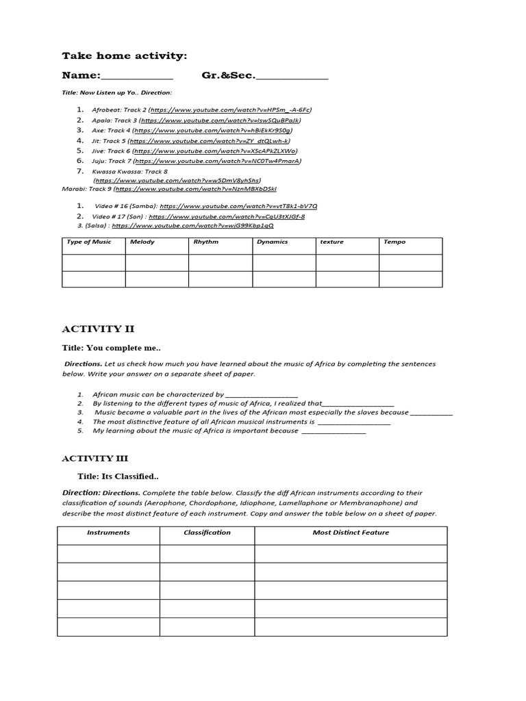 Q2 Take Home Activity in Music | PDF | Performing Arts | Entertainment