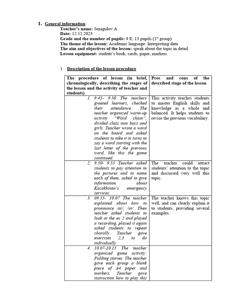 Lesson observation scheme-12.12.23 | PDF | Teachers | English As A ...