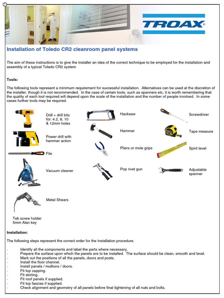 Toledo CR2 Cleanroom Panel Installation Guide | PDF | Screw | Rivet