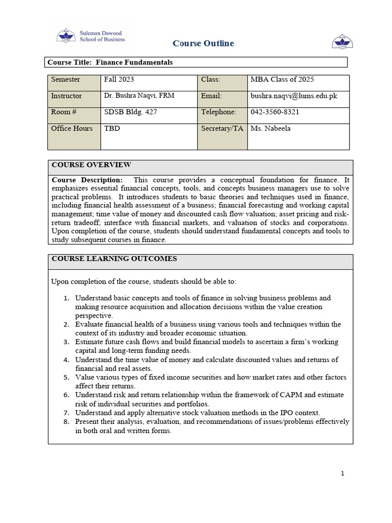 FF Course Outline Fall 2023 - Bushra | PDF | Business