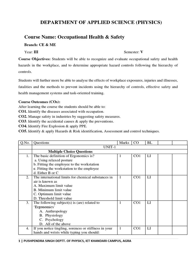 Model Question BankOhs Sem.V Ce & Me PDF Occupational Safety And
