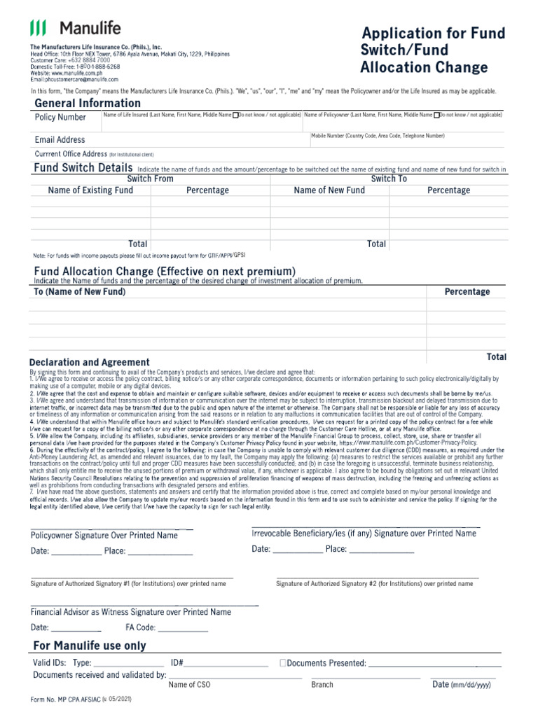 Manulife Fund Switch Application Form | PDF | Information | Internet