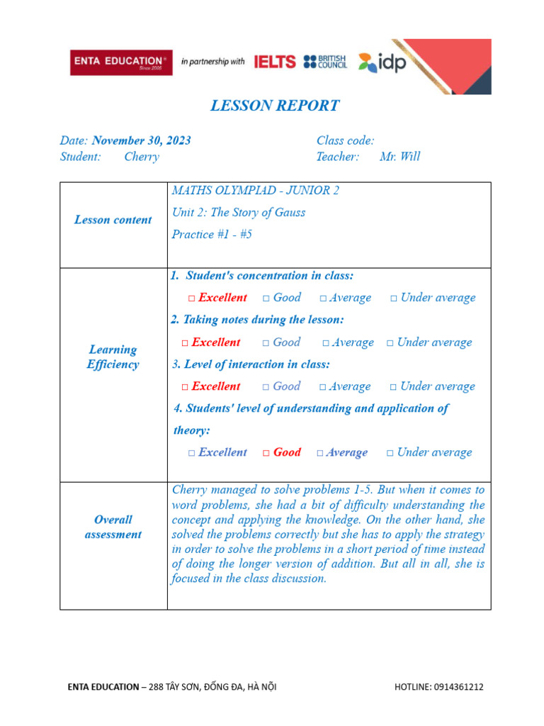 Maths Olympiad Lesson Report for Cherry | PDF | Career & Growth