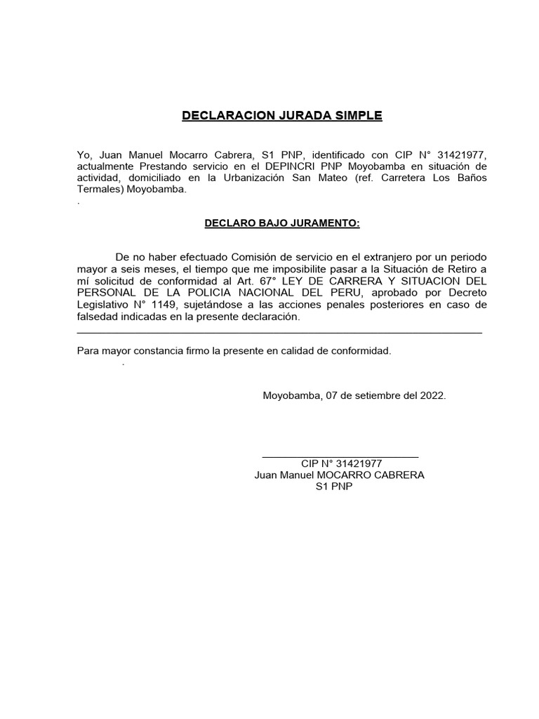 DECLARACION JURADA No Haber Efectuado Comisión de Servicio en El ...