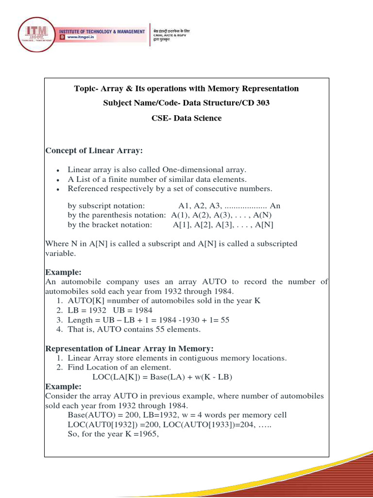 L5 - CD 303 Array and Its Operations With Memory Representation | PDF ...