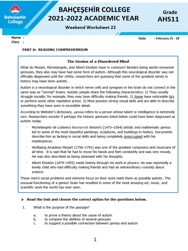 Ahs 11 Weekend Worksheet 22 1645438590 PDF Autism Spectrum Genius