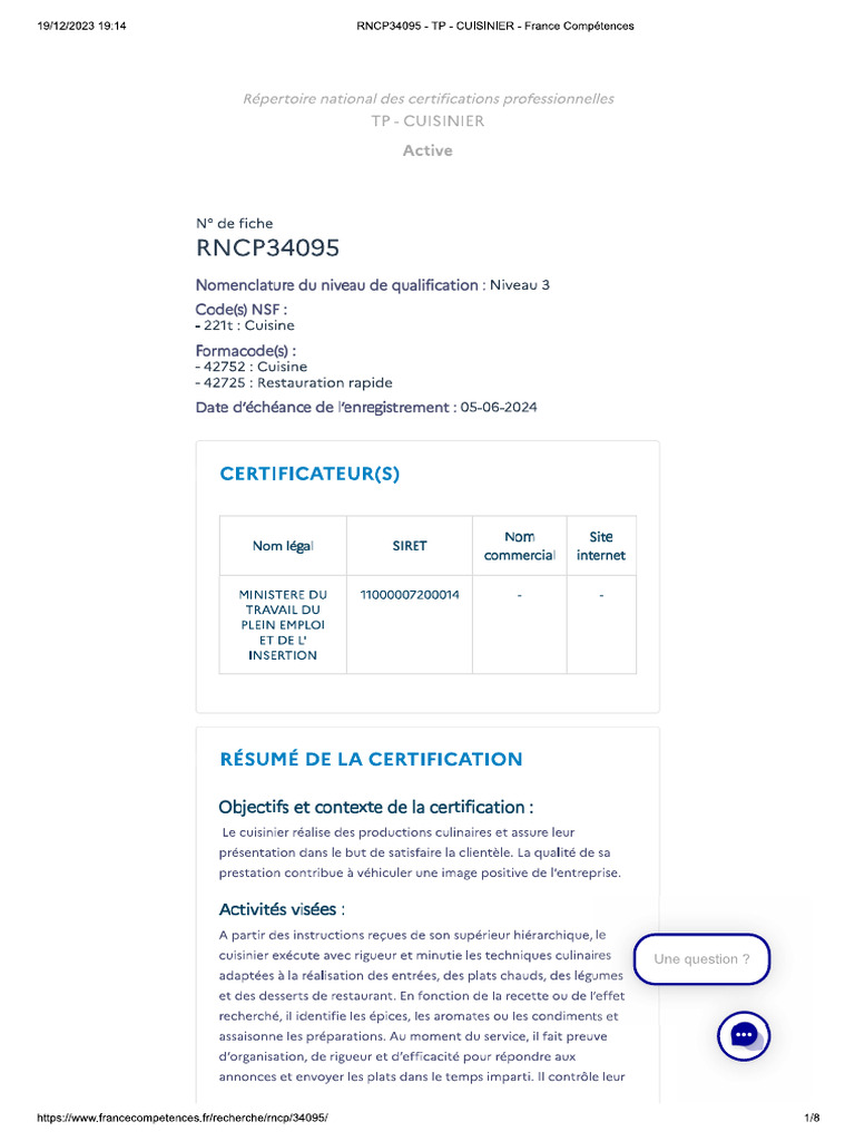 REAC TP Niv5 Cuisinier | PDF