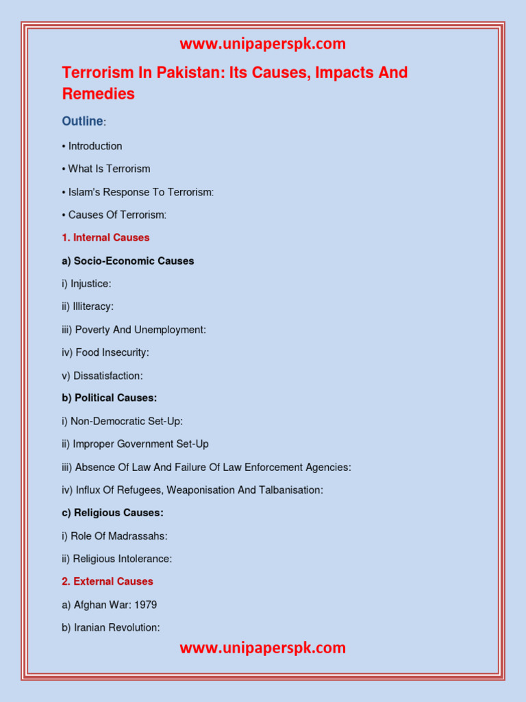 Literary essay terrorism in pakistan its causes impacts and remedies