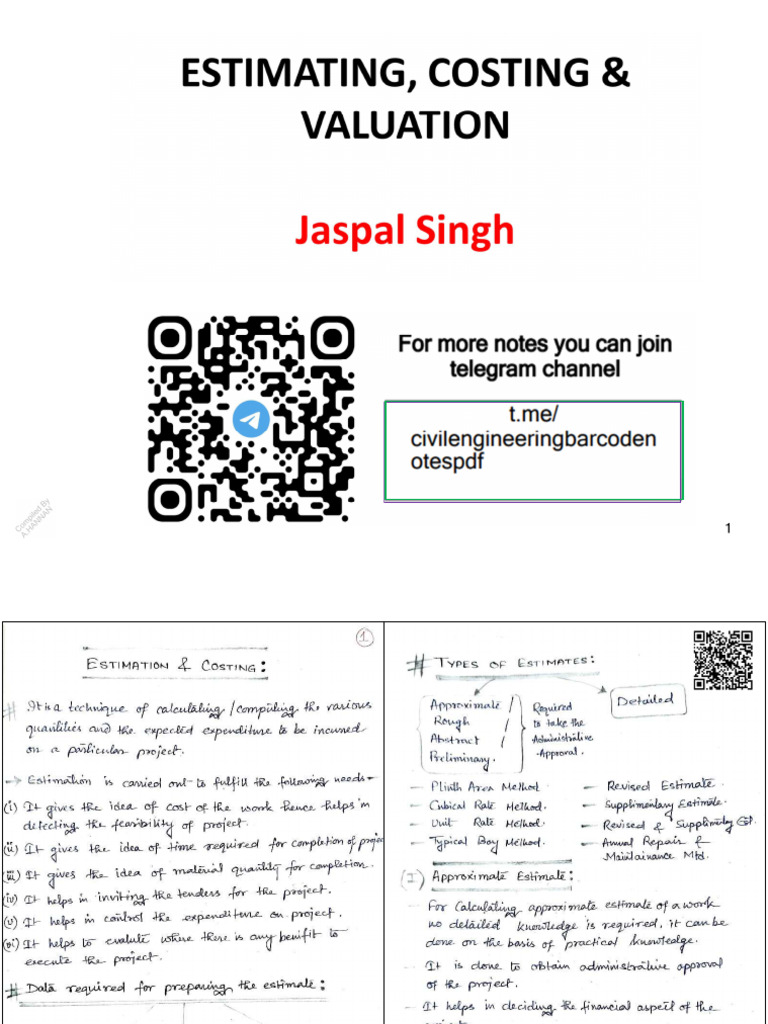 Estimating, Costing and Valuation Barcode Notes Jaspal Sir A Hannan | PDF