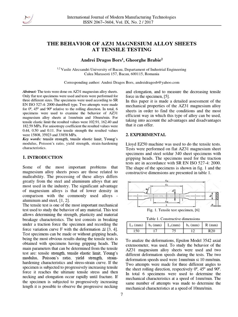 The Behavior of AZ31 Magnesium Alloy She | PDF | Deformation ...