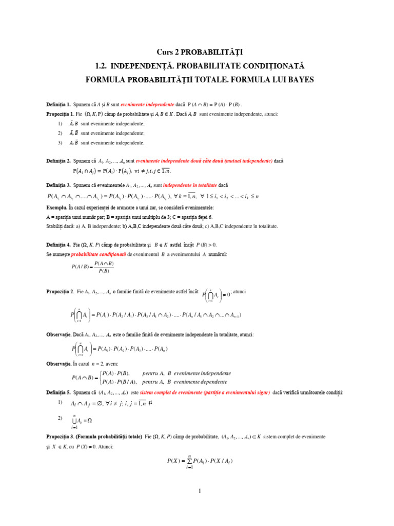 Probabilitati - Curs 02 - Independenta. Probabilitate Conditionata ...