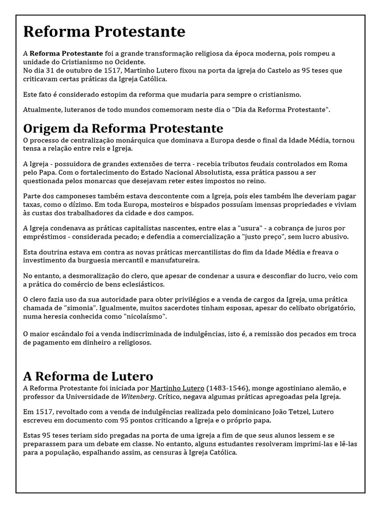 A Reforma Protestante e suas Consequências | PDF | Martinho Lutero ...