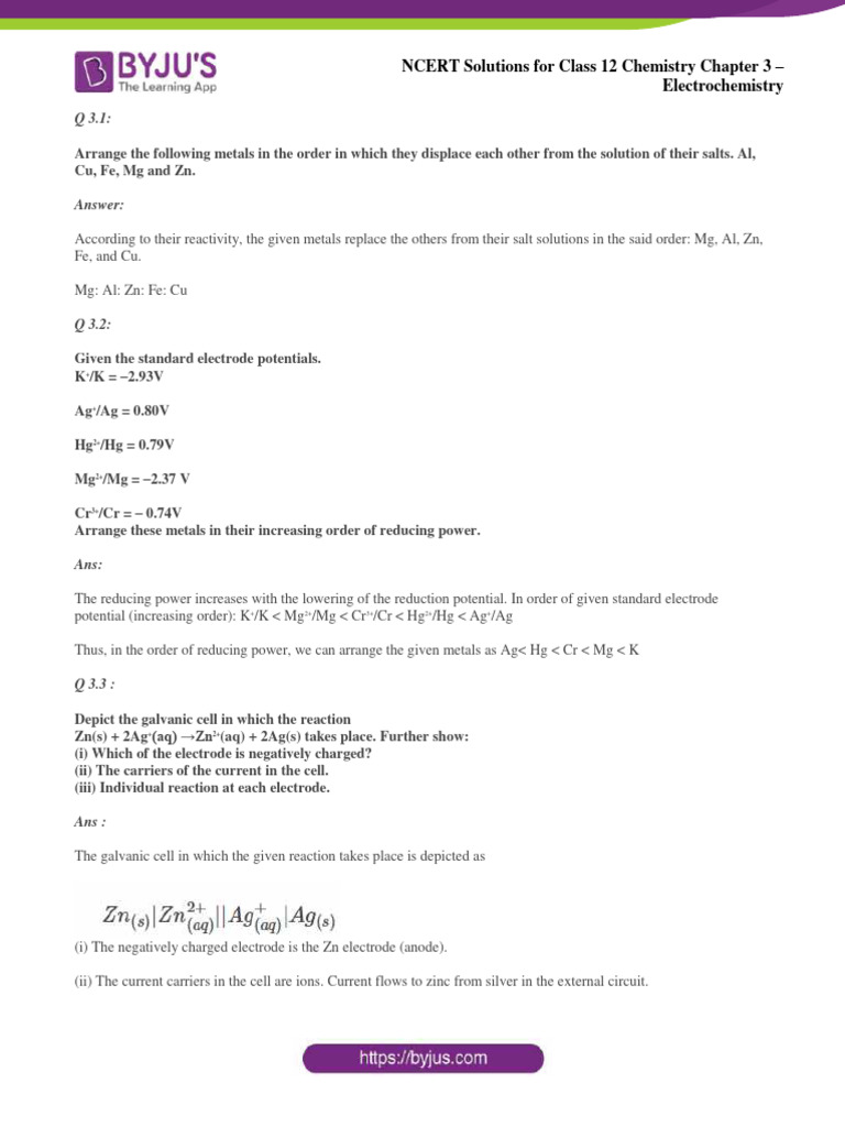 NCERT Solutions For Class 12 Chemistry Chapter 3 Electrochemistry | PDF ...