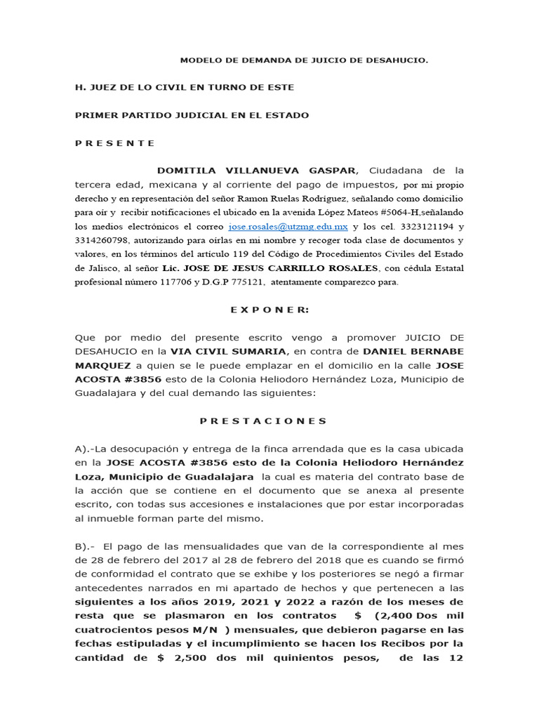 Modelo de Demanda de Juicio de Desahucio | PDF