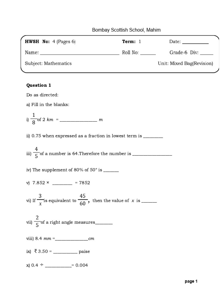 Class 6 Maths Question Paper | PDF | Angle | Geometry
