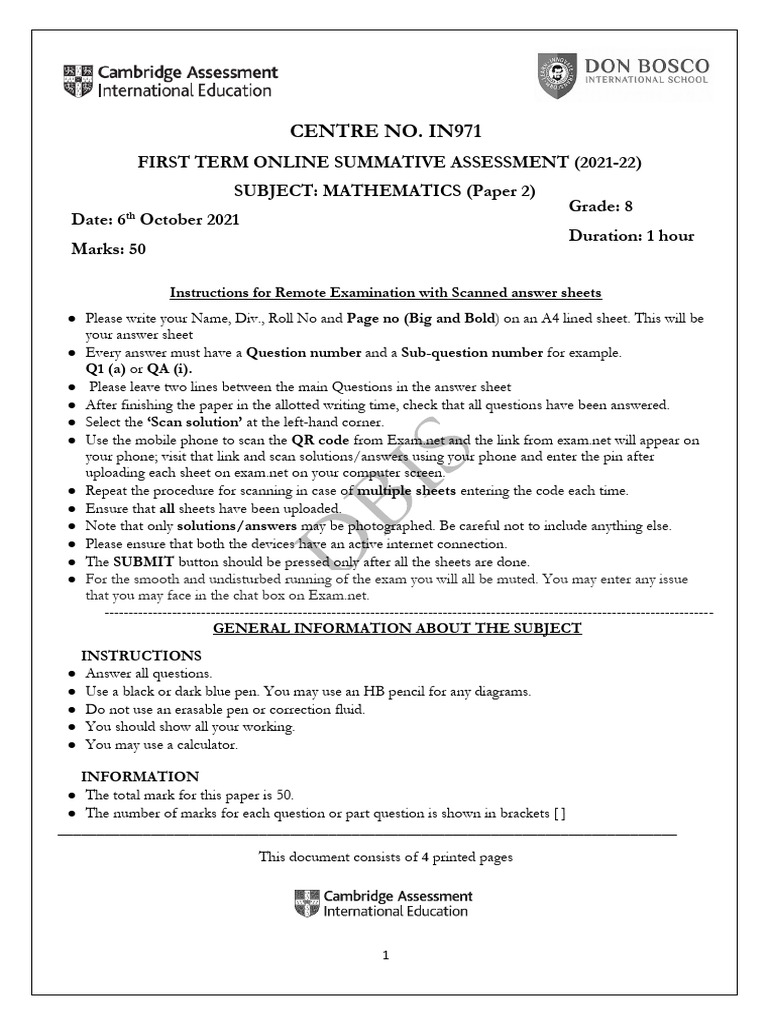 Grade 8 Math Exam Instructions | PDF | Mass | Speed