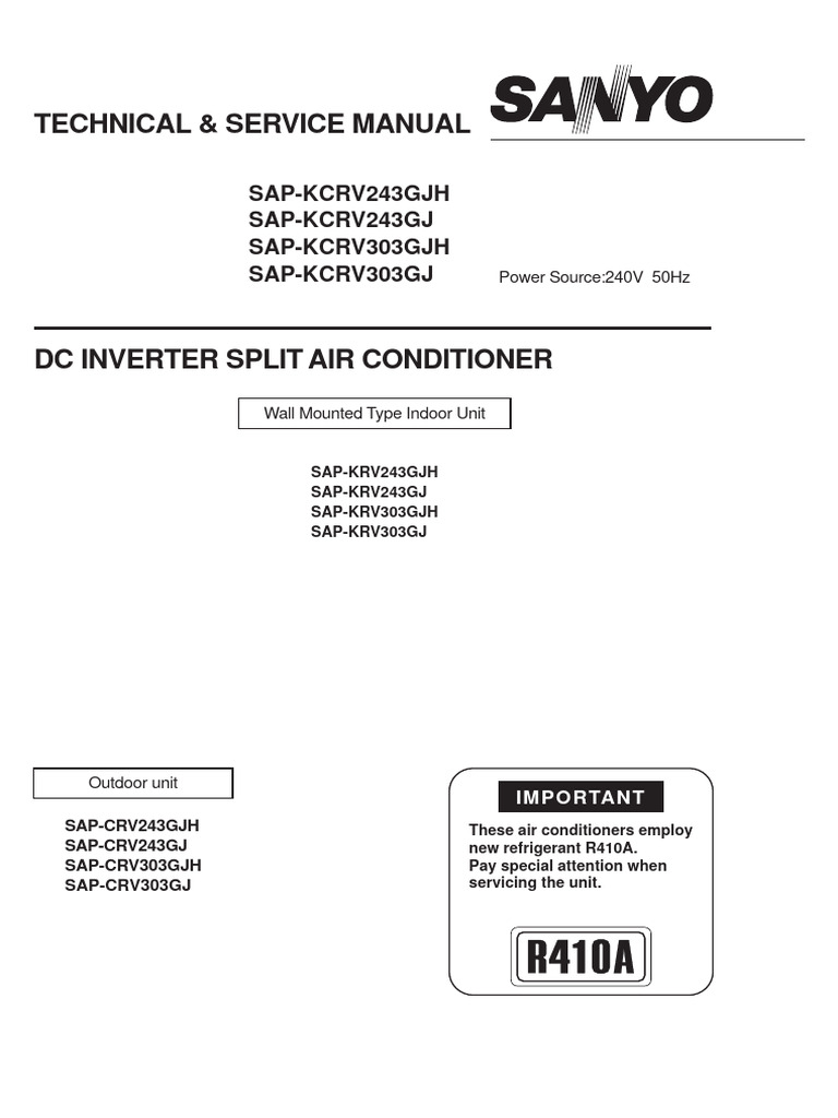 SANYO SAP−VD22C Sanyo Split AC Technical Manual | PDF | Electric Motor | Air