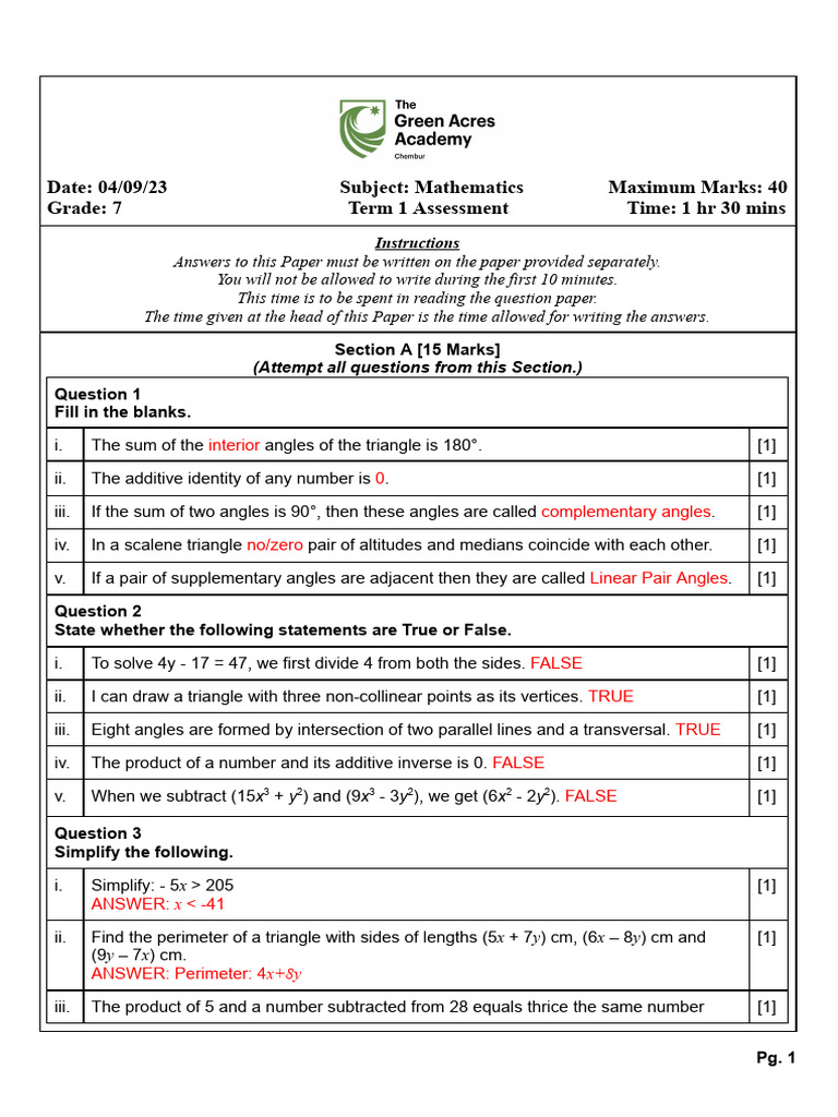 Grade 7 Term 1 Math Assessment | PDF | Triangle | Euclid