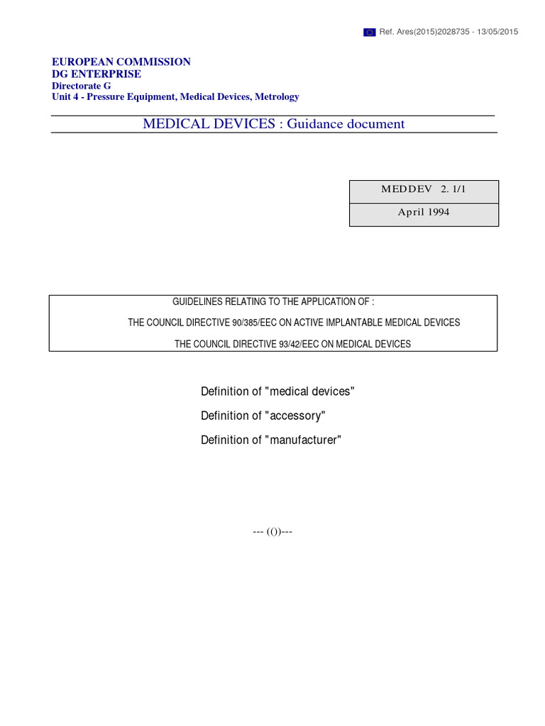 Guidance Document Definitions of "Medical Devices", "Accessory" and