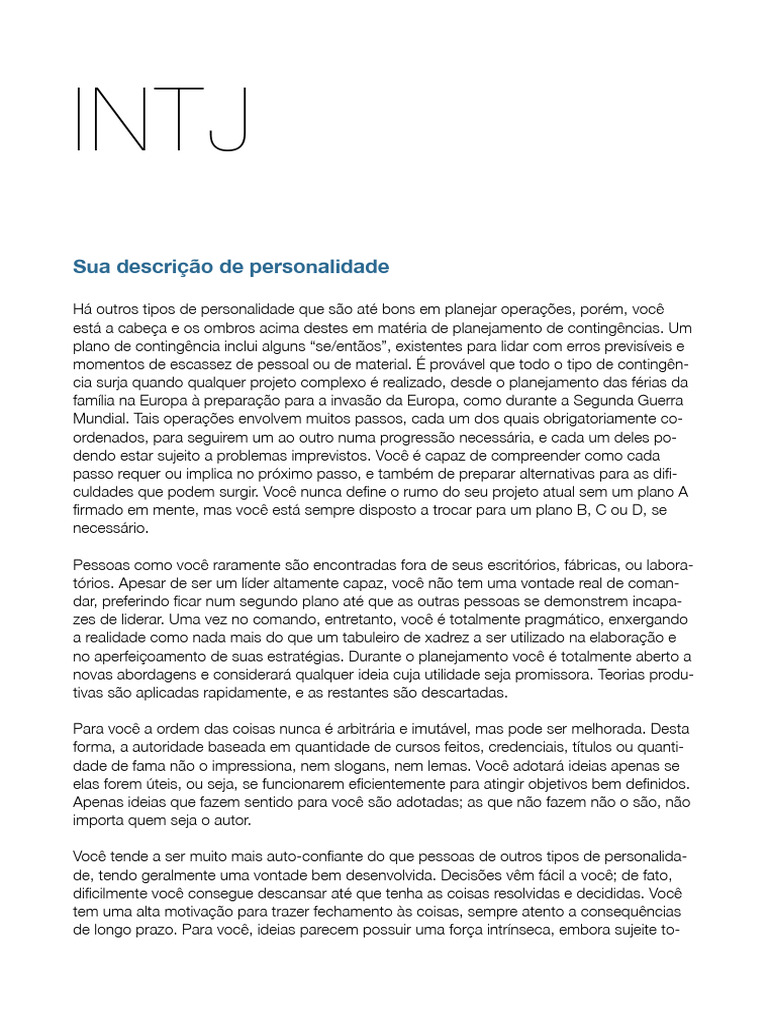 Características da Personalidade INTJ | PDF | Engenharia | Tempo