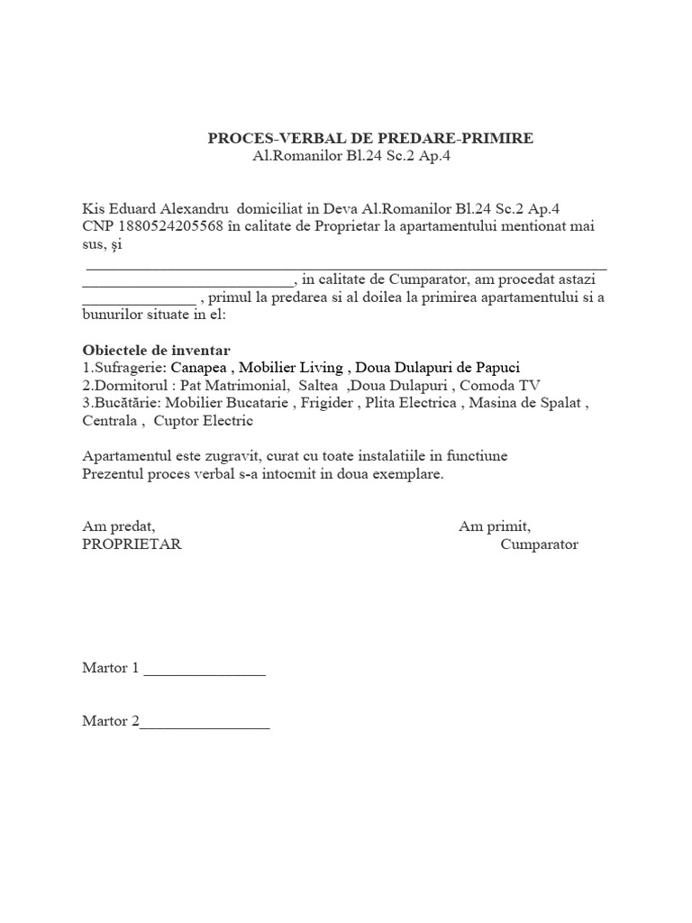 Proces Verbal de Predare-Primire | PDF