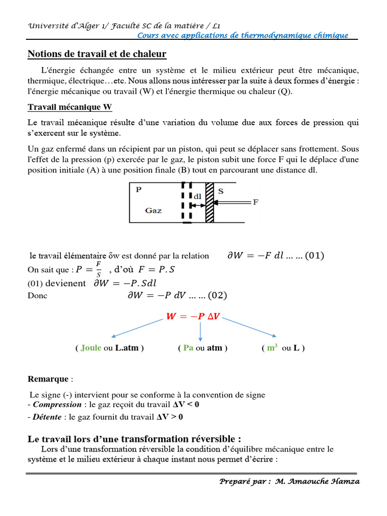 Notions de travail et chaleur en thermodynamique | PDF | Chaleur | La ...
